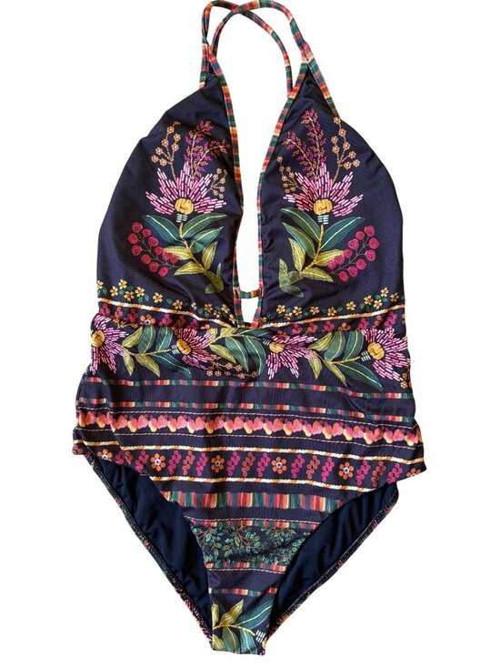FARM Rio Other - Farm Rio Fiona One Piece Swimsuit XL Plunging Halter Neckline Brown Floral Boho